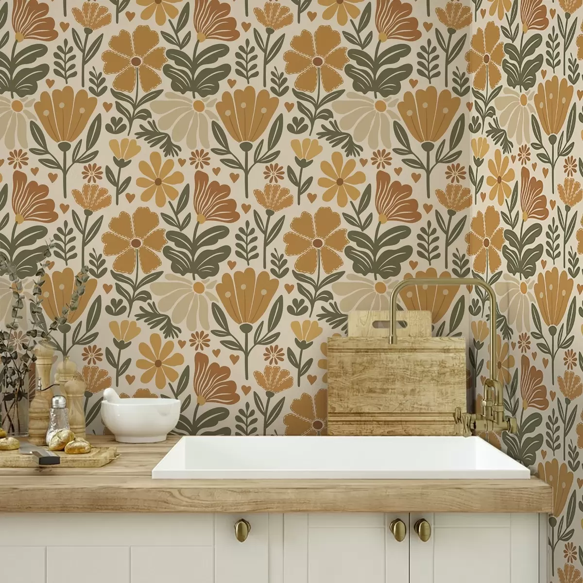 Wallpaper Stylized flowers in warm tones with hearts a00752