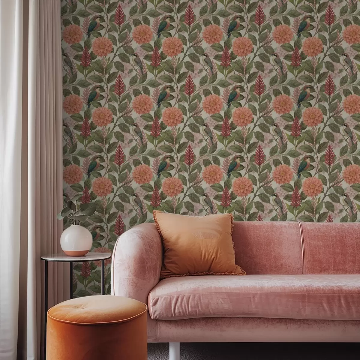Wallpaper Birds among flowers and leaves in warm tones a00753