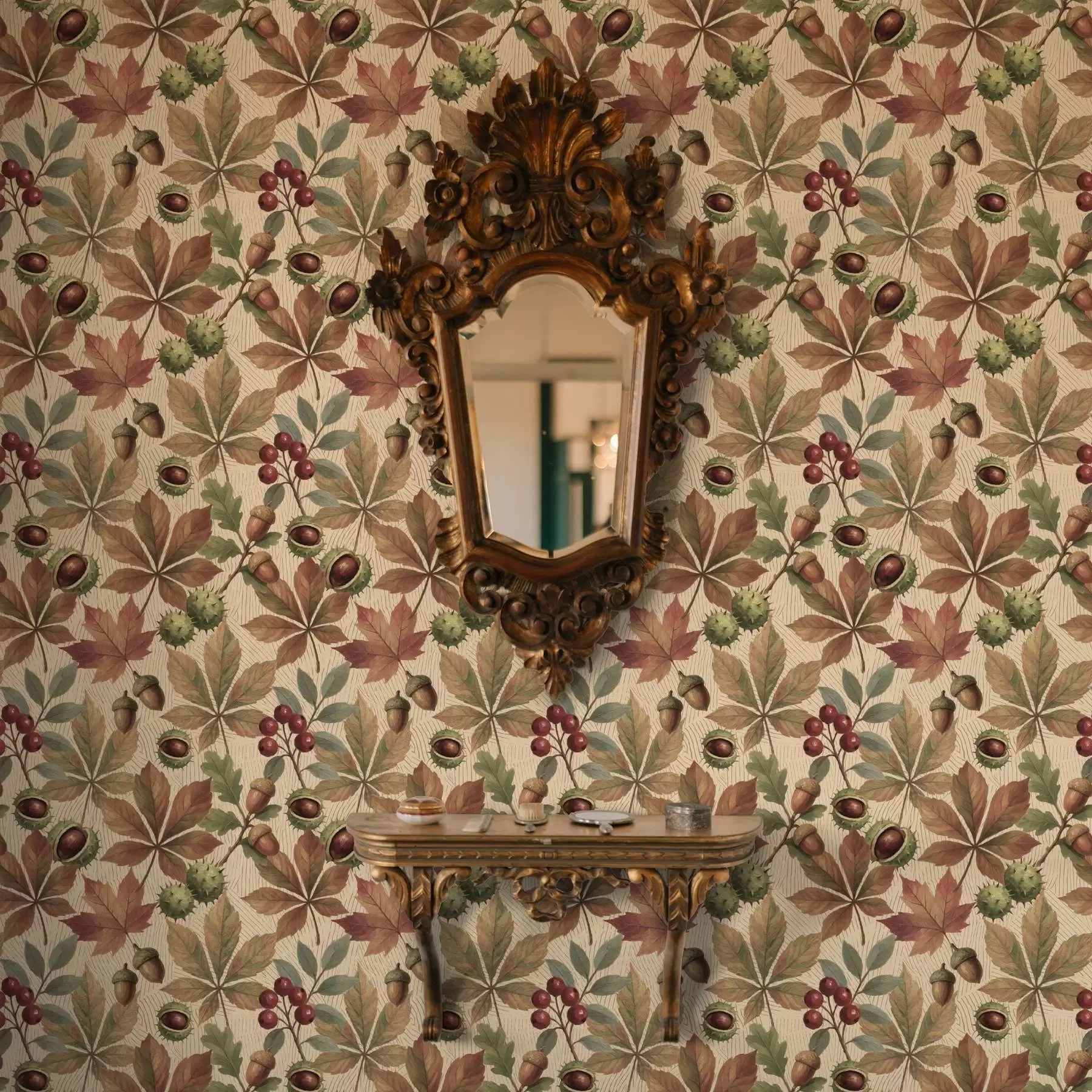 wall murals Autumn leaves, acorns, and berries on beige background a00754