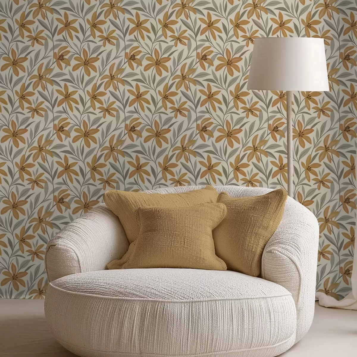 Wallpaper Yellow lilies and gray-green leaves on light background a00757