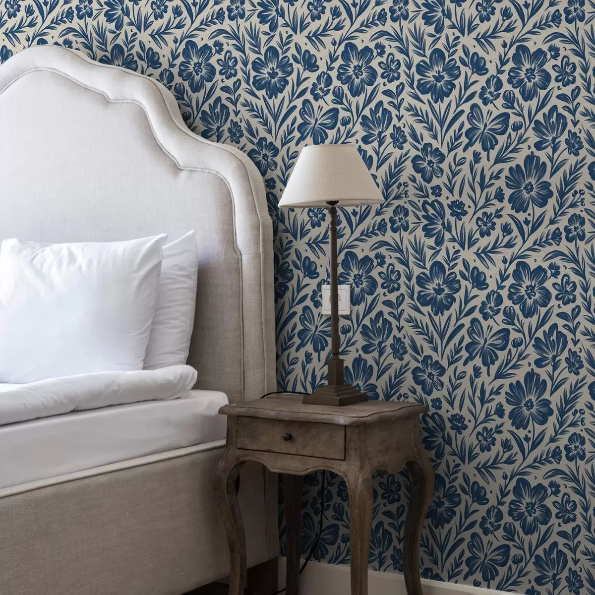 Wallpaper Blue floral ornament with butterflies a00758