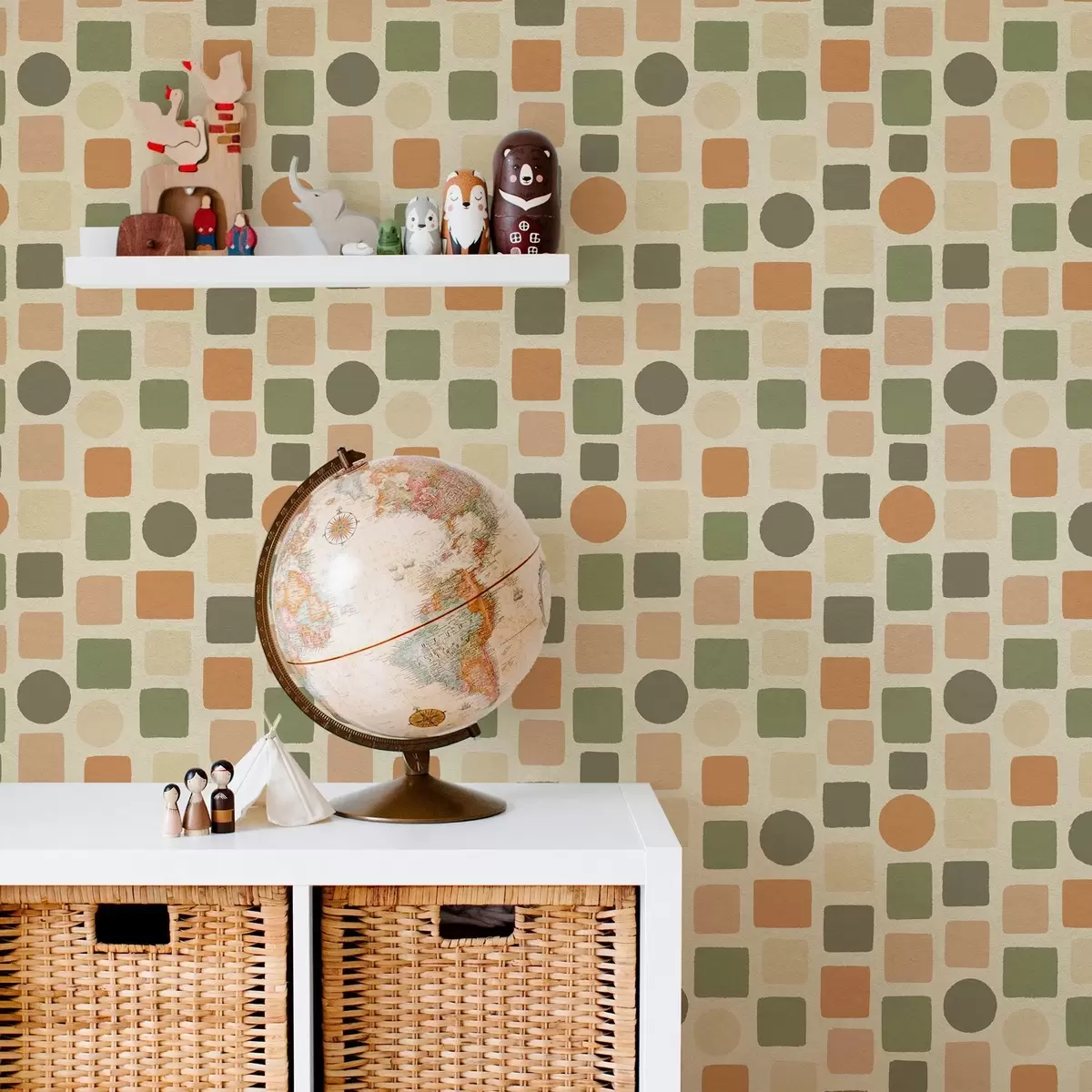 Wallpaper Geometric pattern of squares and circles in warm tones a00759