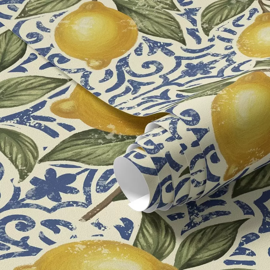 wall murals Lemon branches with blue ornamental background a00763