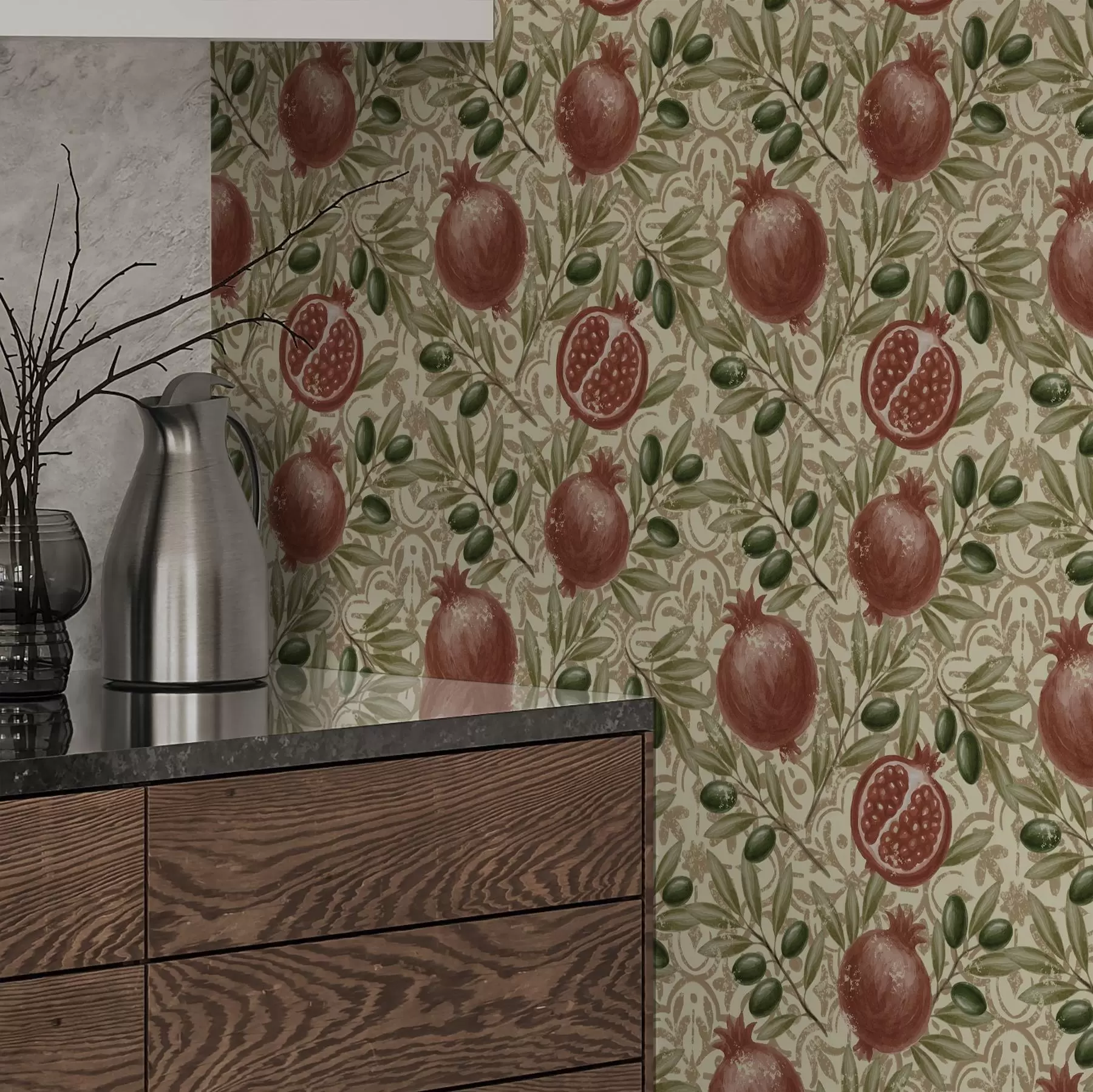 wall murals Pomegranate and olive branches on ornamental background a00764