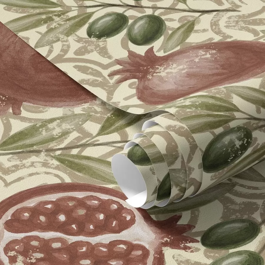 wall murals Pomegranate and olive branches on ornamental background a00764