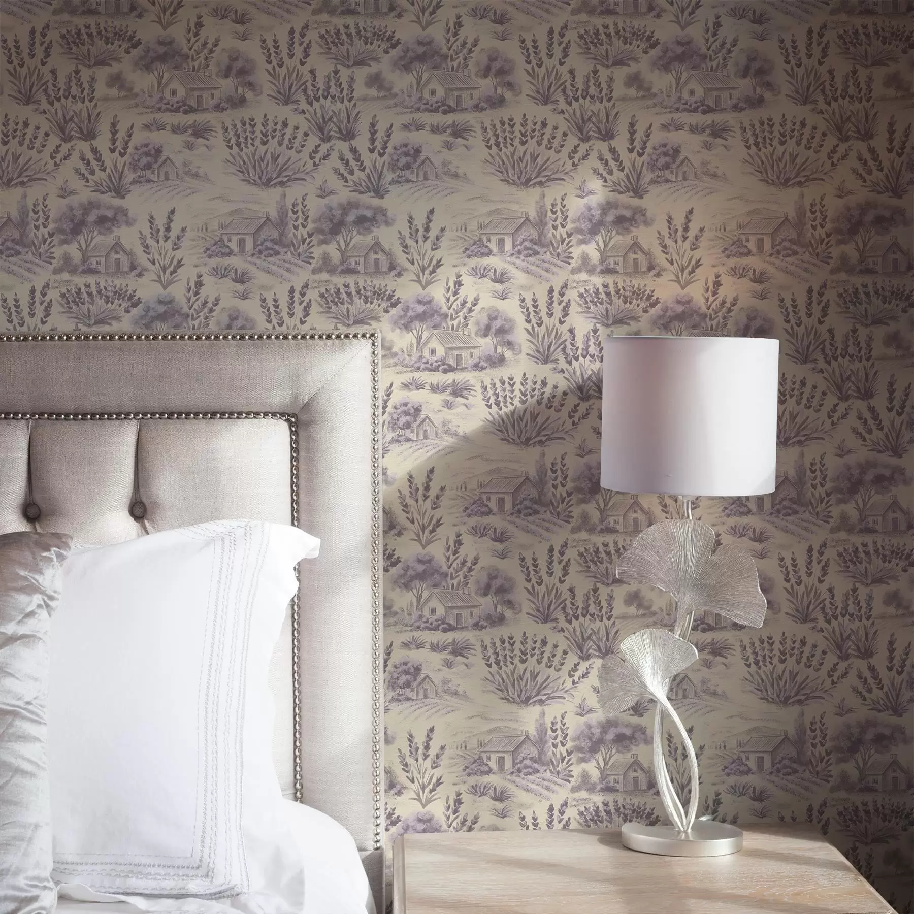 wall murals Lavender fields and houses in pastel tones a00765