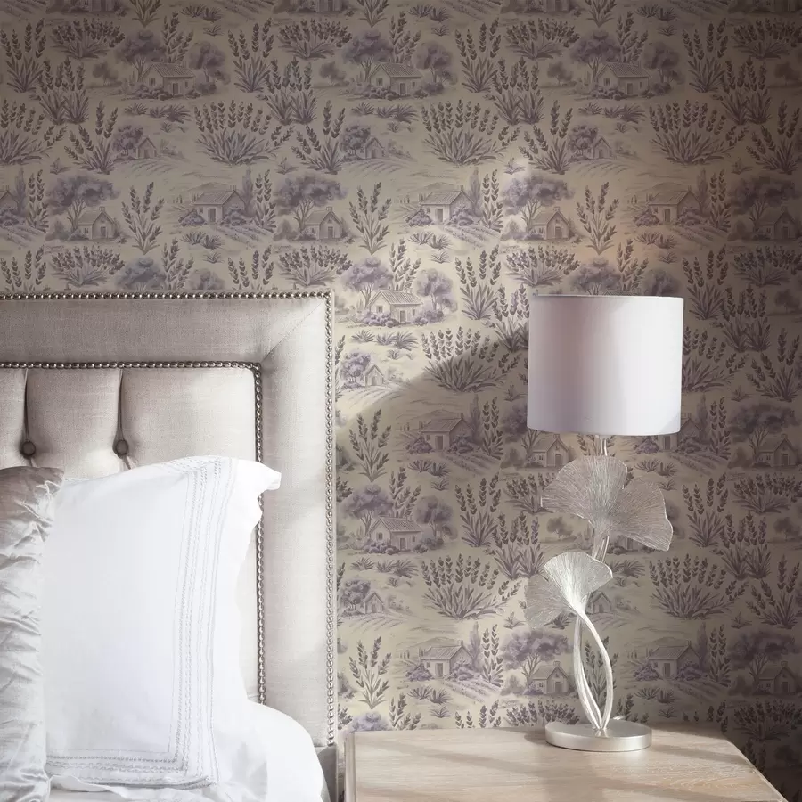 wall murals Lavender fields and houses in pastel tones a00765