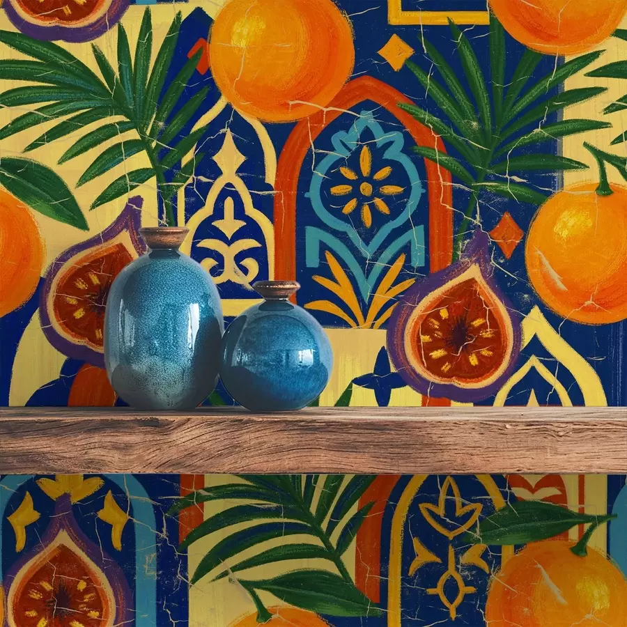wall murals Bright oranges, palm leaves, and Moroccan arches a00767