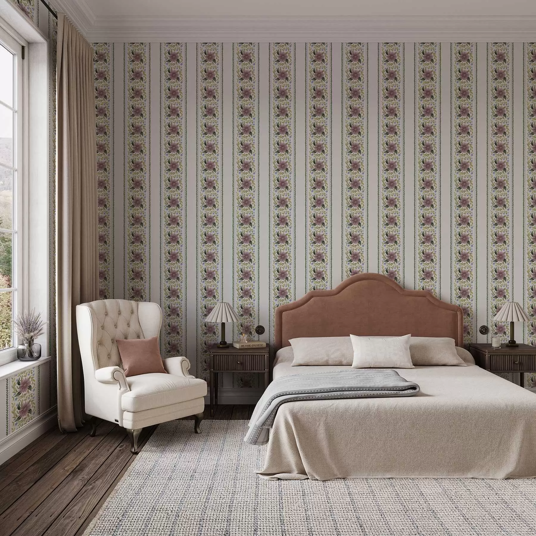 wall murals Vertical floral stripes in lilac-blue tones a00809