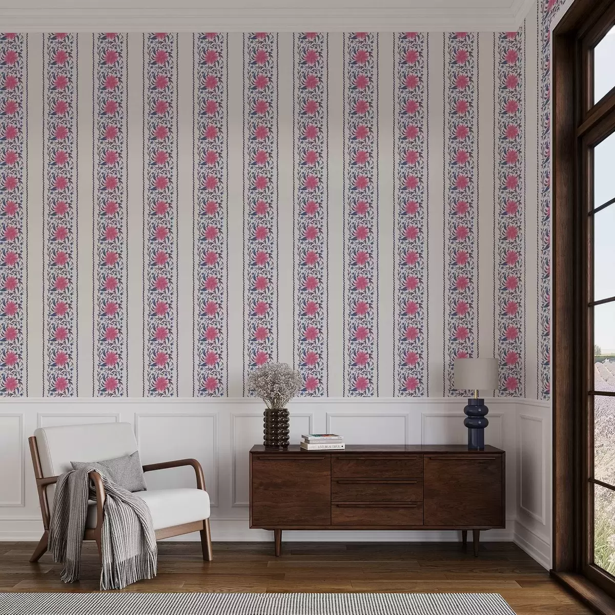 Wallpaper Vertical floral stripes in pink-purple tones a00810