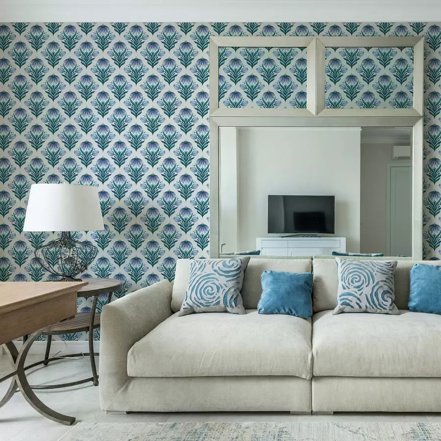 wall murals Symmetrical floral ornament in blue-white shades a00812v2