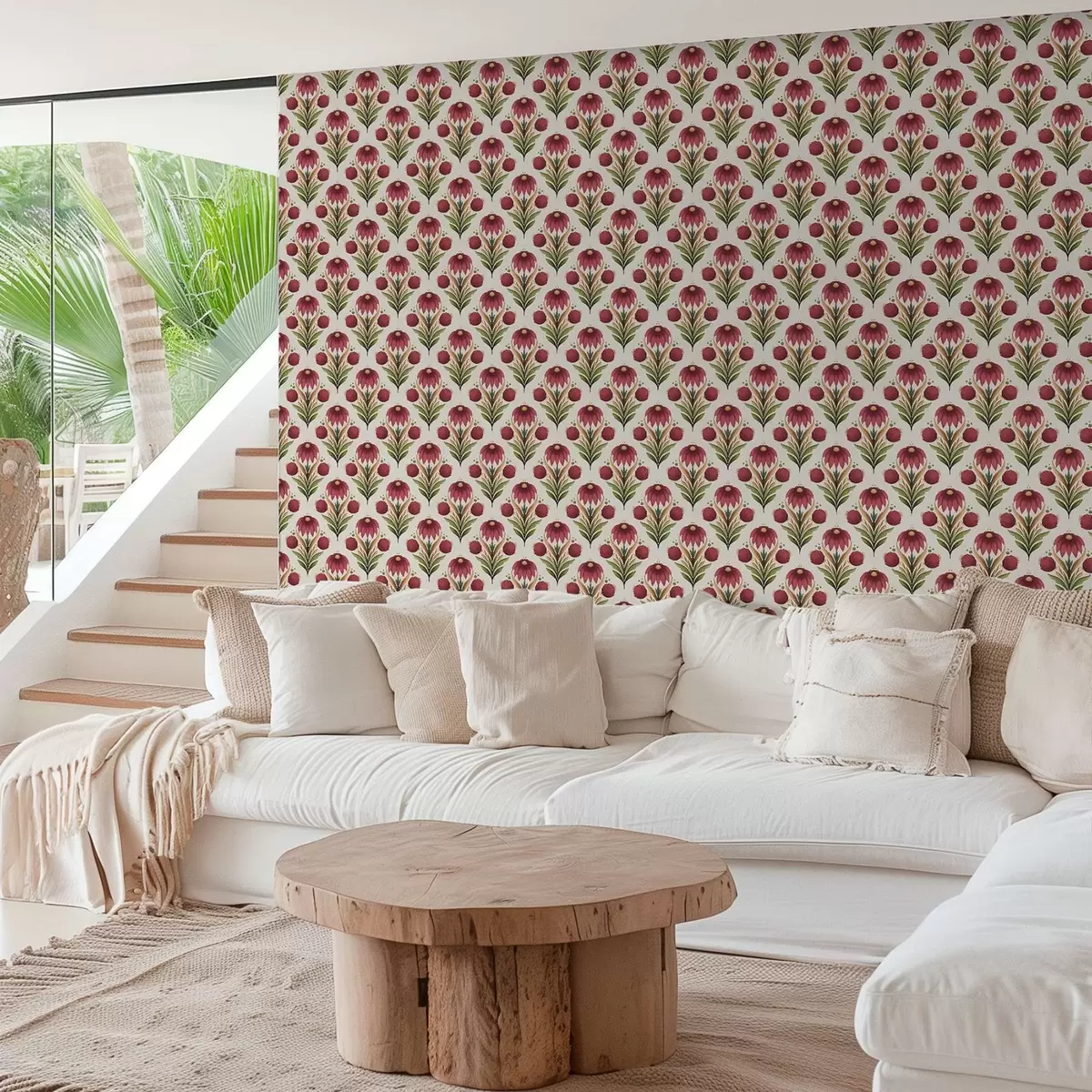 Wallpaper Symmetrical floral ornament in rich red-green tones a00812v4