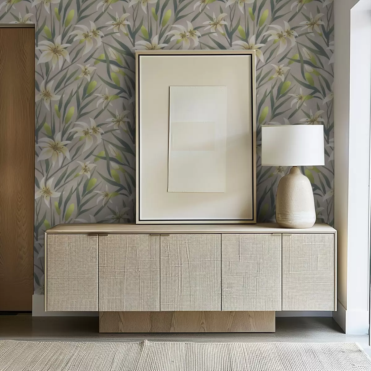 Wallpaper Cream lilies with leaves on gray-beige background a00837