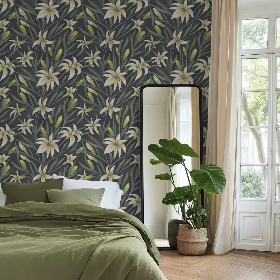 wall murals Cream lilies with leaves on dark background a00837v1