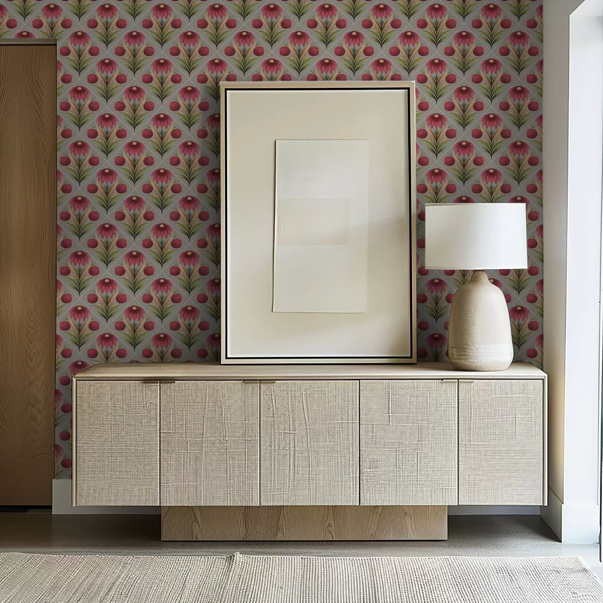 Wallpaper Symmetrical floral ornament on gray background with diagonals a00869