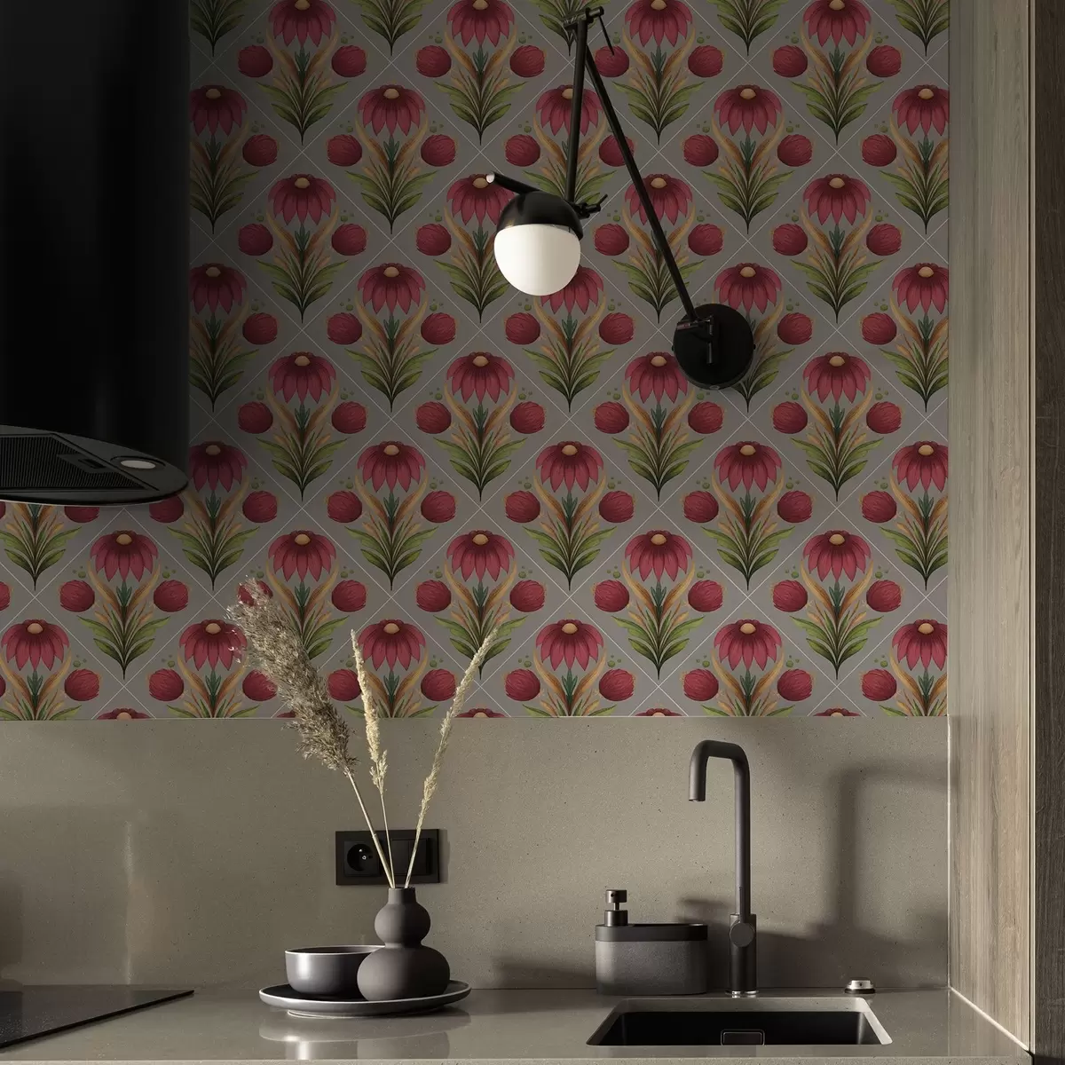 Wallpaper Symmetrical floral ornament on gray background with diagonals a00869