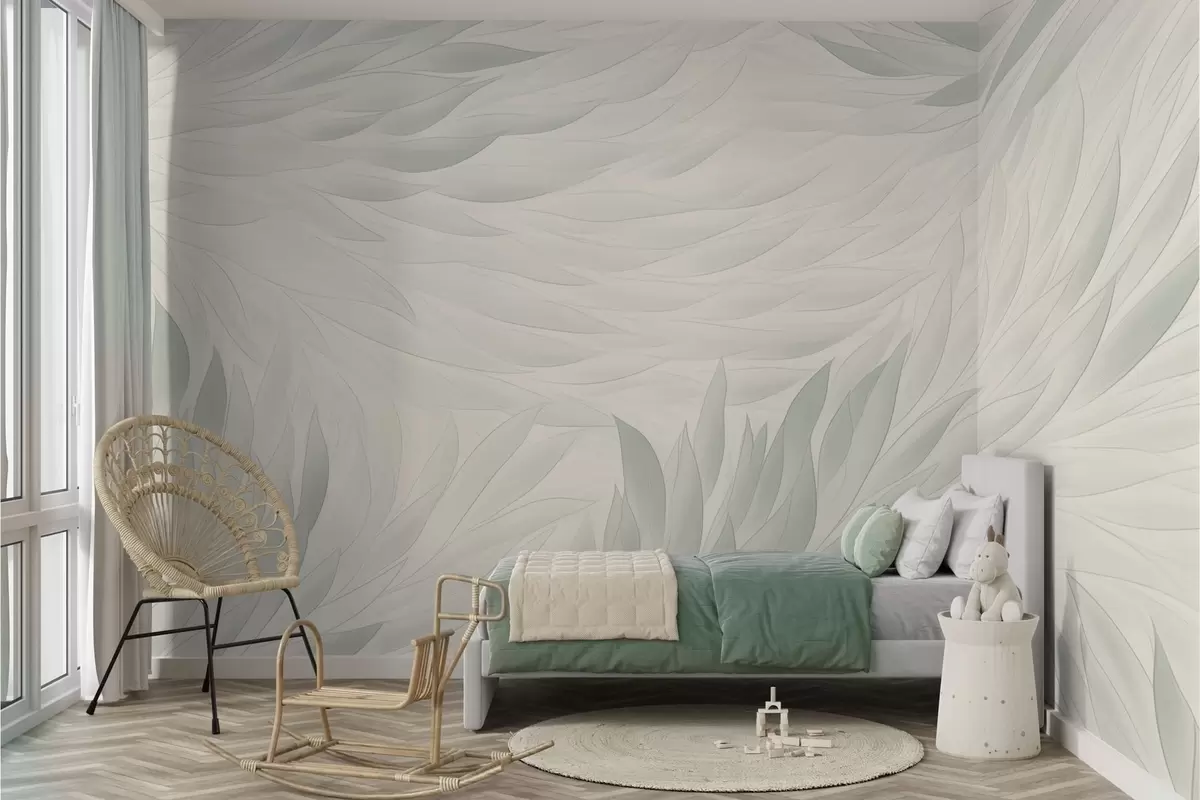 wall murals Wavy leaves in gentle greenish-beige hues w04610v2
