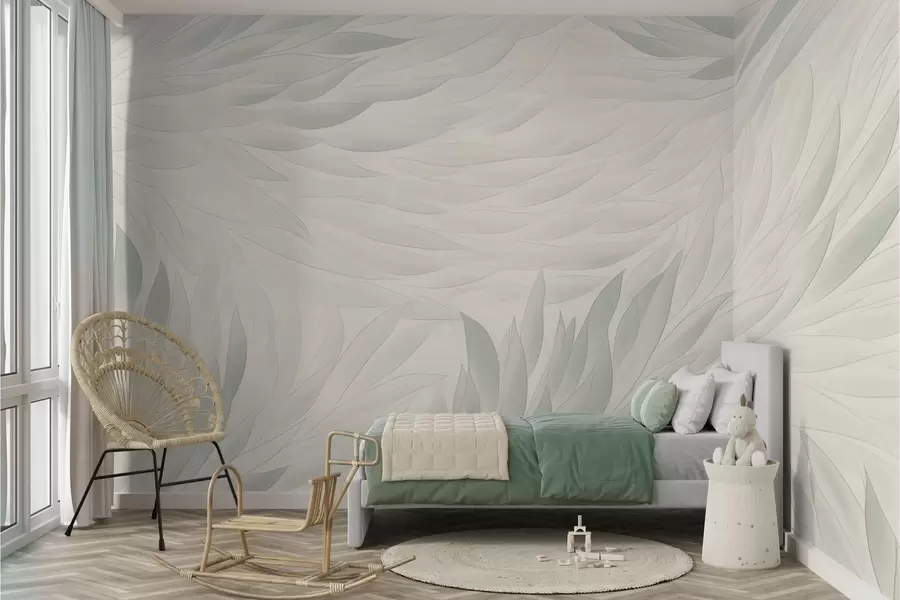 wall murals Wavy leaves in gentle greenish-beige hues w04610v2