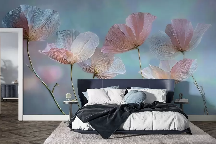 wall murals Transparent petals in pastel pink and blue tones w04621