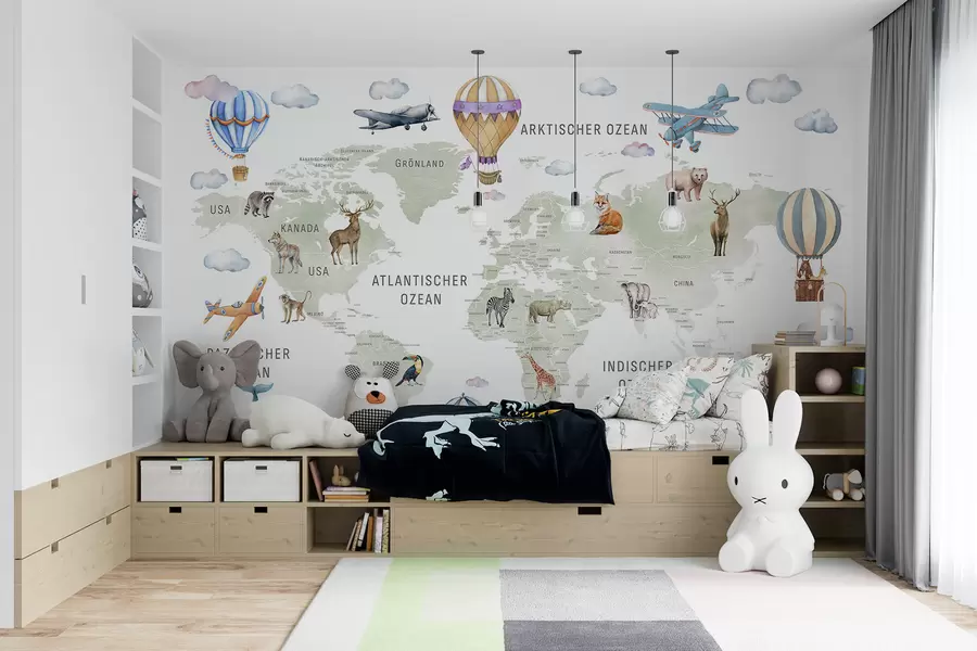 wall murals Children's map in watercolour style with animals and hot air balloons. German language. Green colour. c00001de