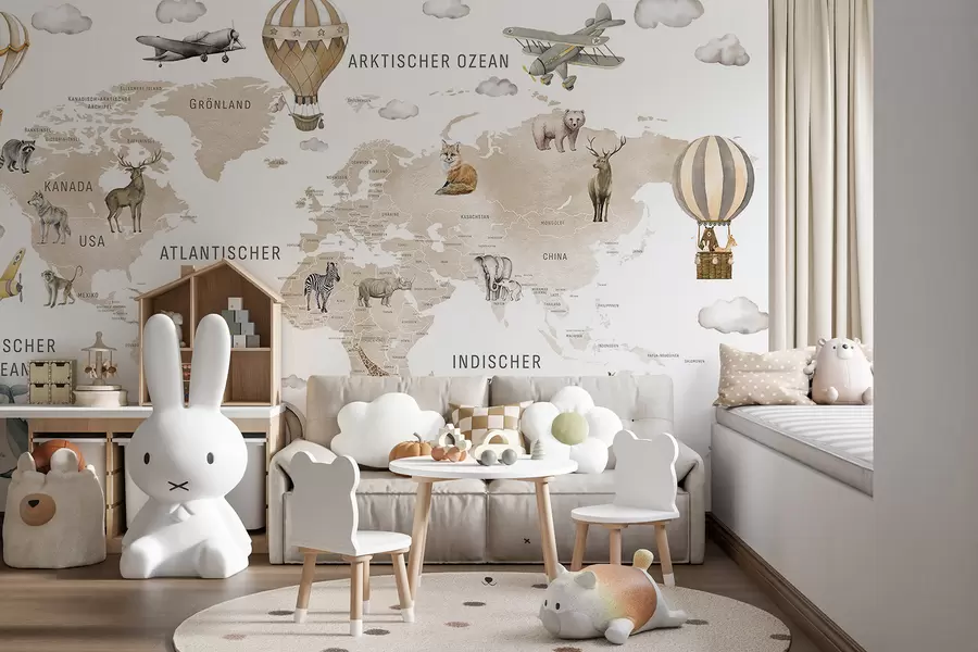 wall murals Children's map in watercolour style with animals and hot air balloons. German language. Beige colour. c00001dev2