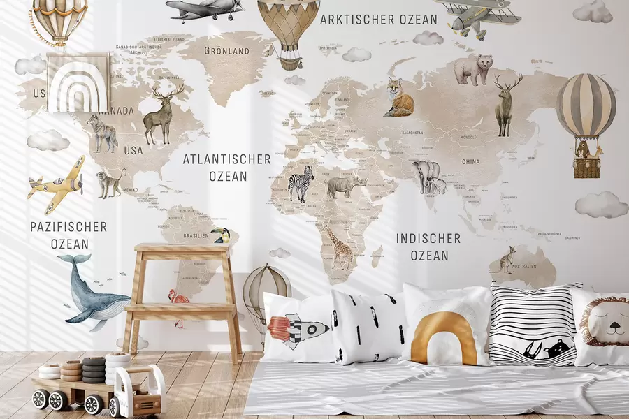 wall murals Watercolor-style map for children with animals and hot air balloons. German language. Beige color c00001dev2