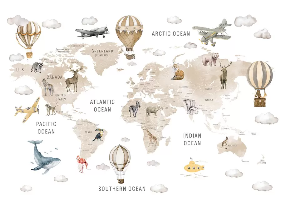 wall murals Watercolor-style map for children with animals and hot air balloons. English language. Beige color c00001env2