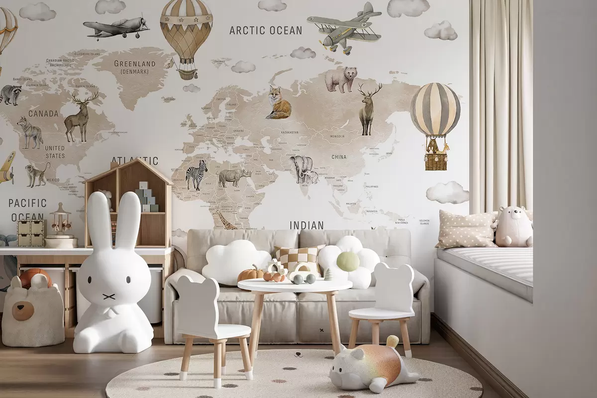 wall murals Children's map in watercolour style with animals and hot air balloons. English language. Beige colour. c00001env2