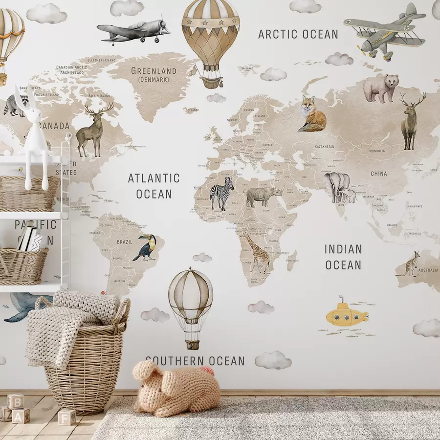 wall murals Children's map in watercolour style with animals and hot air balloons. English language. Beige colour c00001env2
