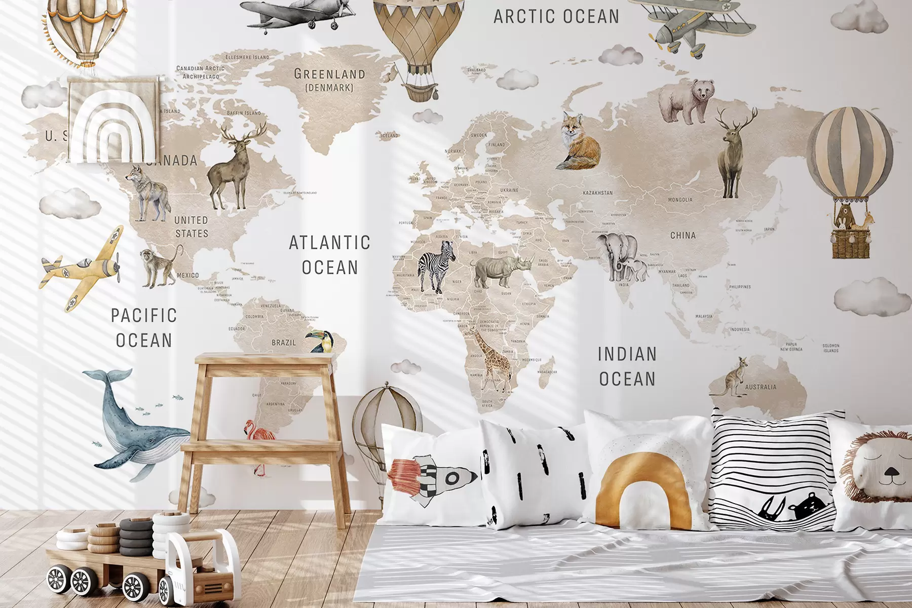 wall murals Watercolor-style map for children with animals and hot air balloons. English language. Beige color c00001env2