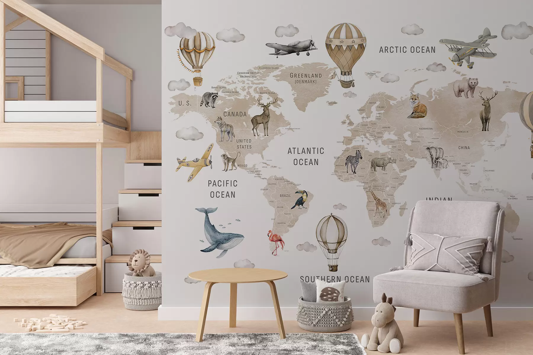 wall murals Watercolor-style map for children with animals and hot air balloons. English language. Beige color c00001env2