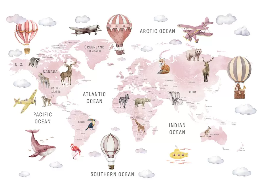 wall murals Watercolor-style map for children with animals and hot air balloons. English language. Pink c00001env3
