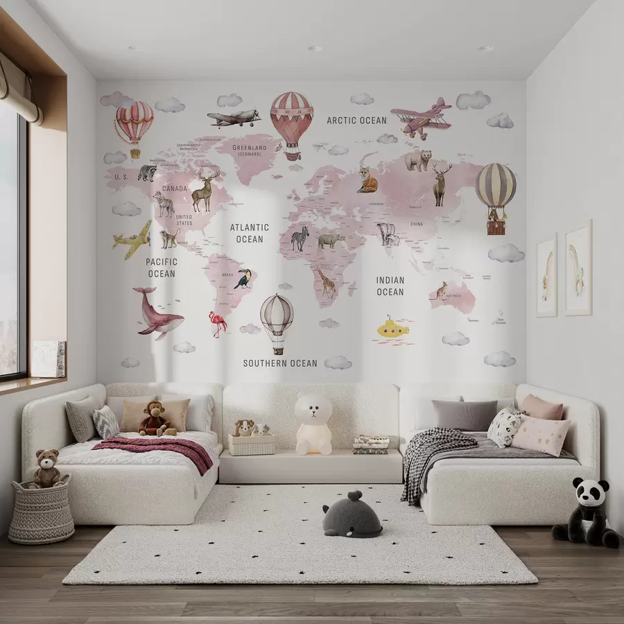 wall murals Watercolor-style map for children with animals and hot air balloons. English language. Pink c00001env3