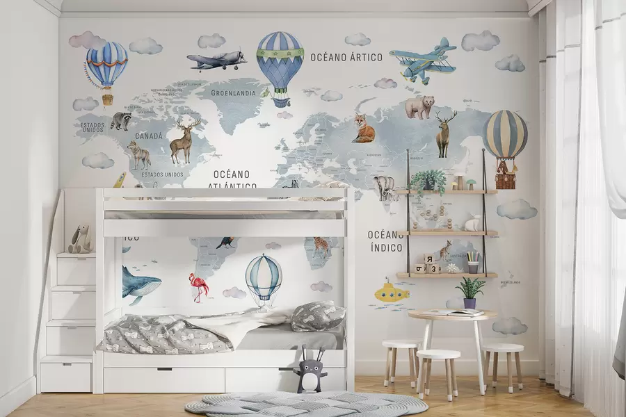 wall murals Children's map in watercolour style with animals and hot air balloons. Spanish language. Blue colour c00001esv1