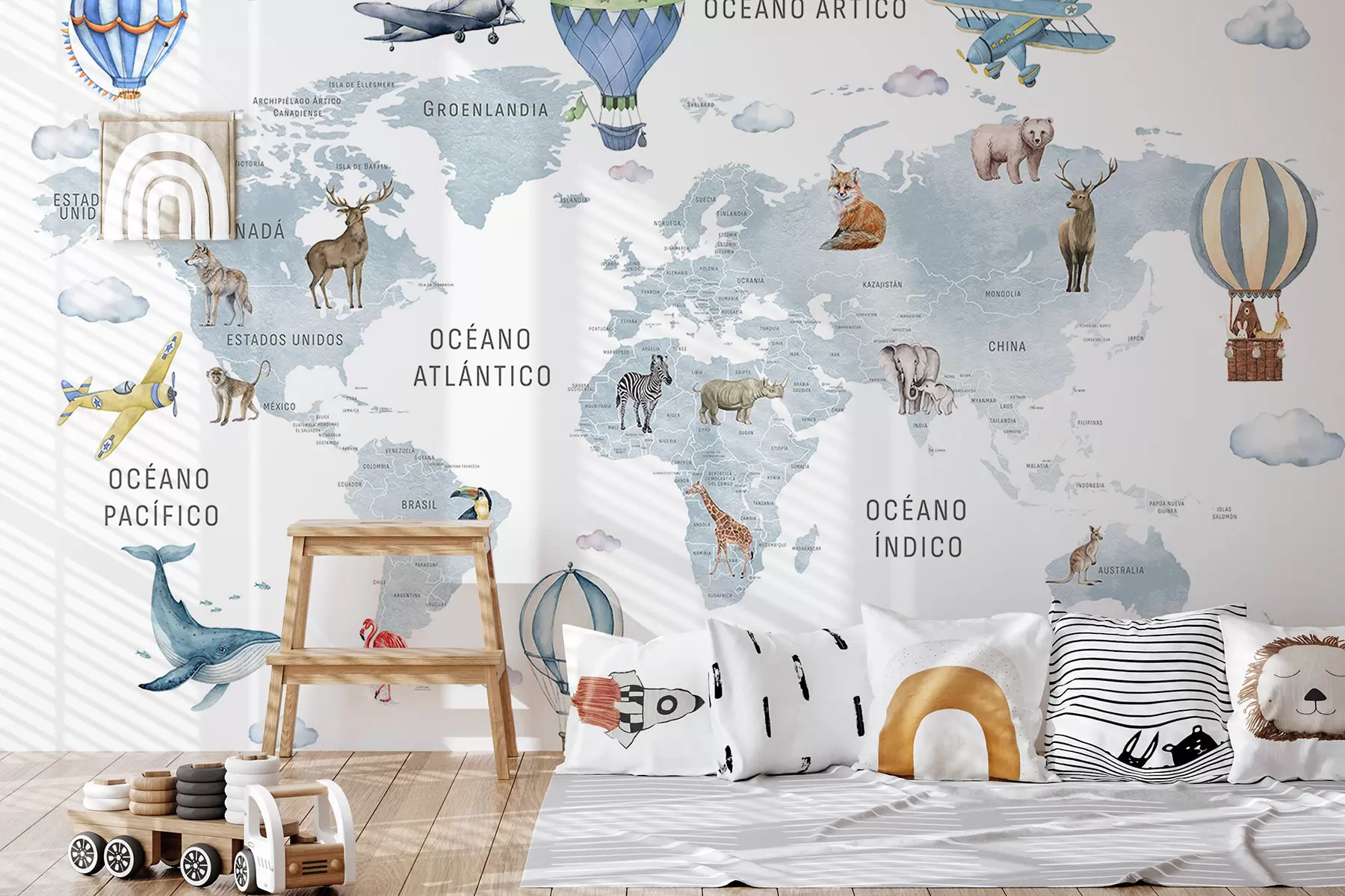 wall murals Watercolor-style map for children featuring animals and hot air balloons. Spanish language. Blue c00001esv1