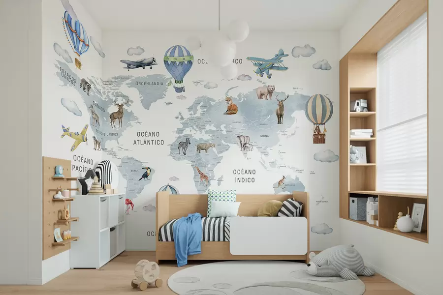 wall murals Children's map in watercolour style with animals and hot air balloons. Spanish language. Blue colour. c00001esv1