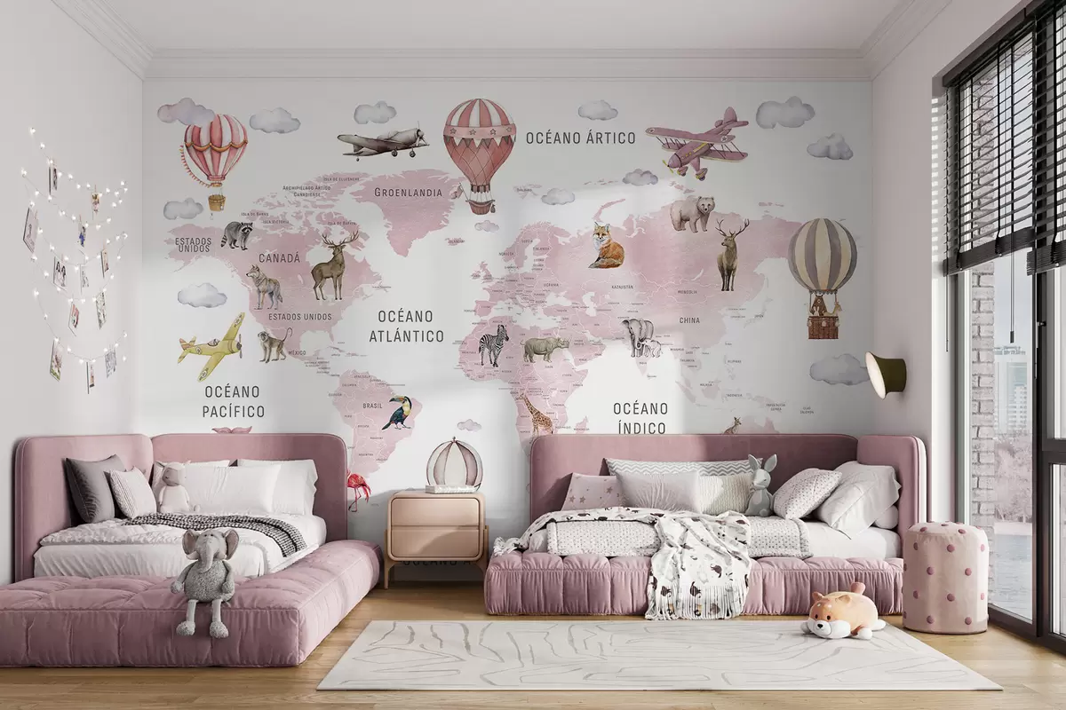 wall murals Children's map in watercolour style with animals and hot air balloons. Spanish language. Pink colour. c00001esv3