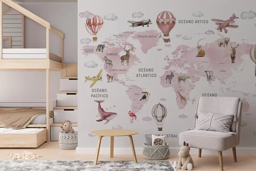 wall murals Children's map in watercolour style with animals and hot air balloons. Spanish language. Pink colour c00001esv3