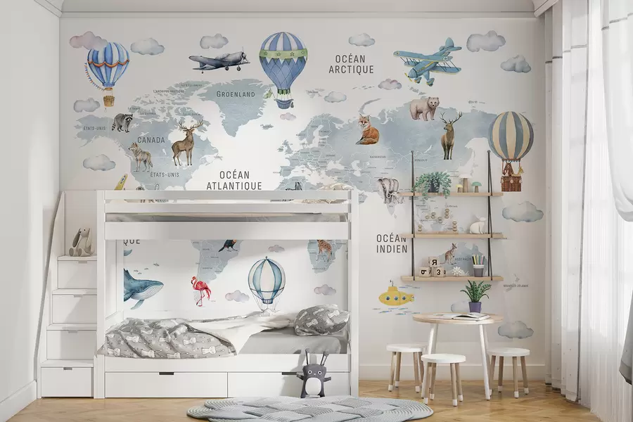 wall murals Children's map in watercolour style with animals and hot air balloons. French language. Blue colour. c00001frv1