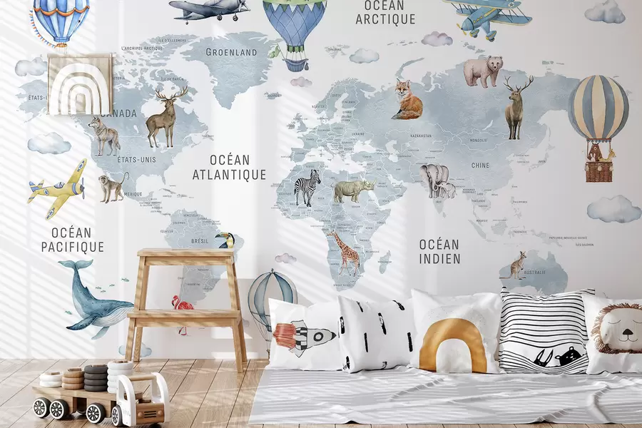 wall murals Children's map in watercolour style with animals and hot air balloons. French language. Blue colour c00001frv1