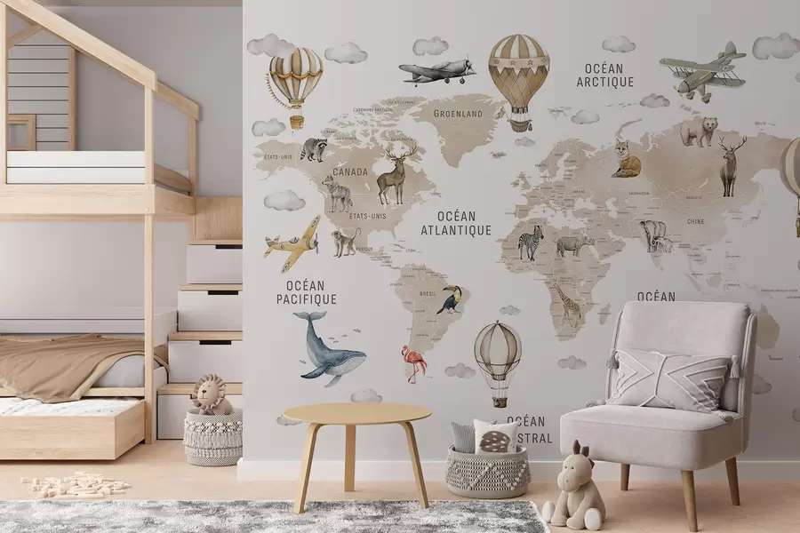 wall murals Children's map in watercolour style with animals and hot air balloons. French language. Beige colour c00001frv2