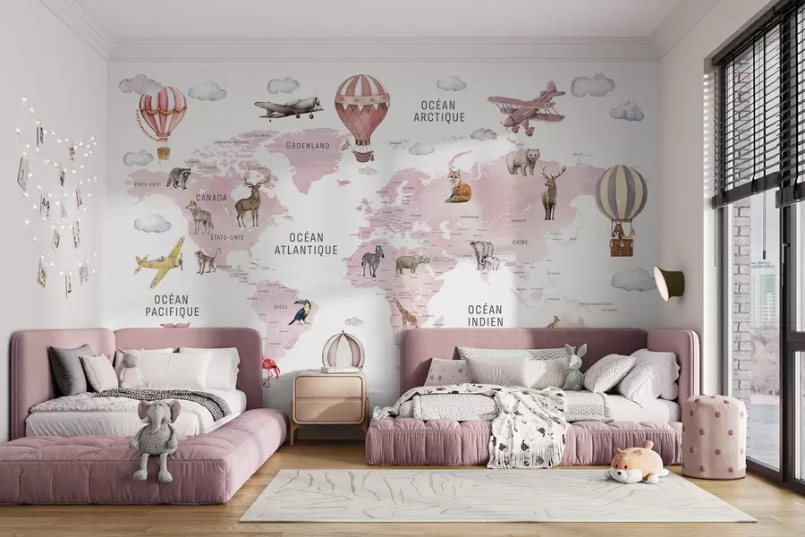 wall murals Children's map in watercolour style with animals and hot air balloons. French language. Pink colour. c00001frv3