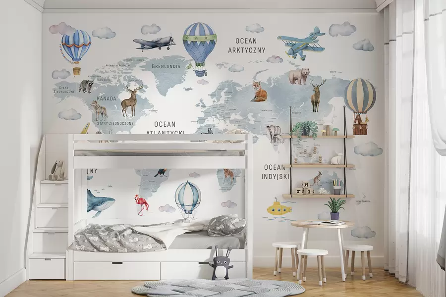 wall murals Children's map in watercolour style with animals and hot air balloons. Polish language. Blue colour. c00001plv1