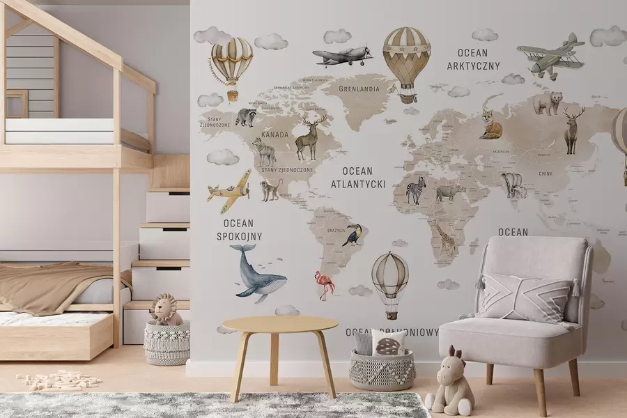wall murals Children's map in watercolour style with animals and hot air balloons. Polish language. Beige colour. c00001plv2
