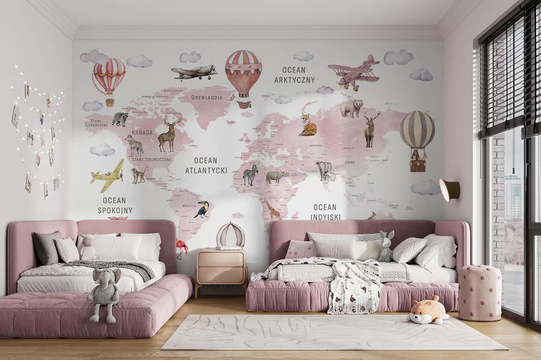 wall murals Watercolor-style map for children with animals and hot air balloons. Polish language. Pink color c00001plv3
