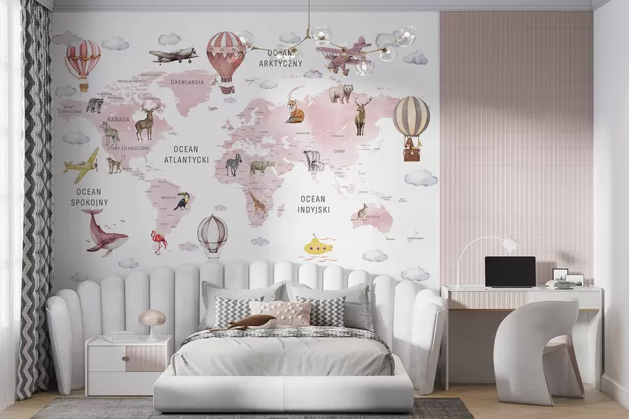wall murals Children's map in watercolour style with animals and hot air balloons. Polish language. Pink colour. c00001plv3
