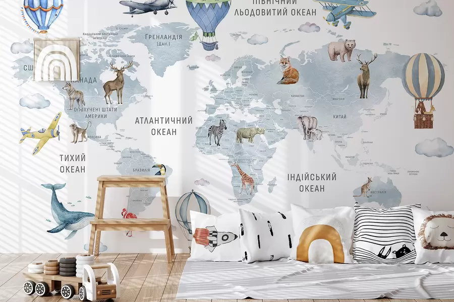 wall murals Watercolor-style map for children with animals and hot air balloons. Language: Ukrainian. Color: blue c00001ukv1