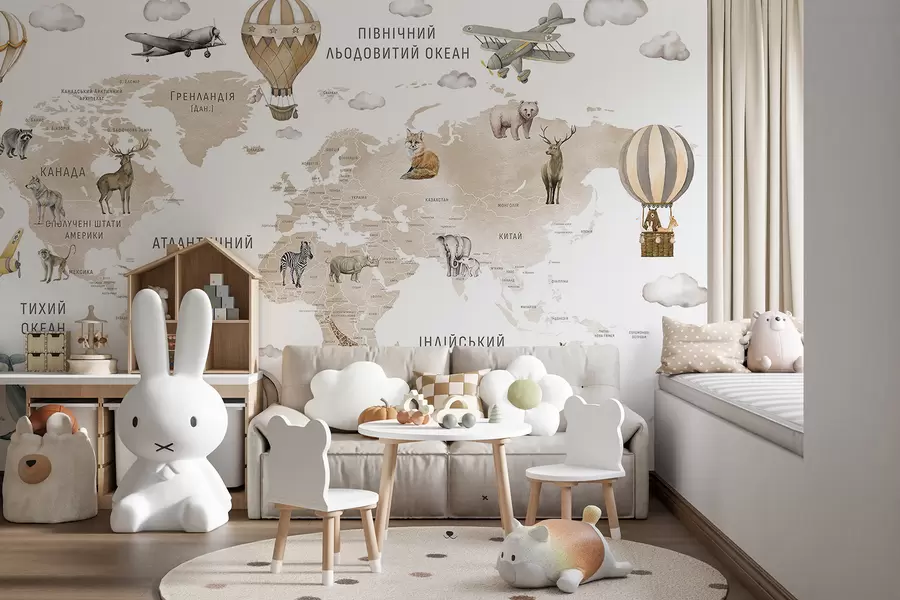 wall murals Children's map in watercolour style with animals and hot air balloons. Ukrainian language. Beige colour. c00001ukv2