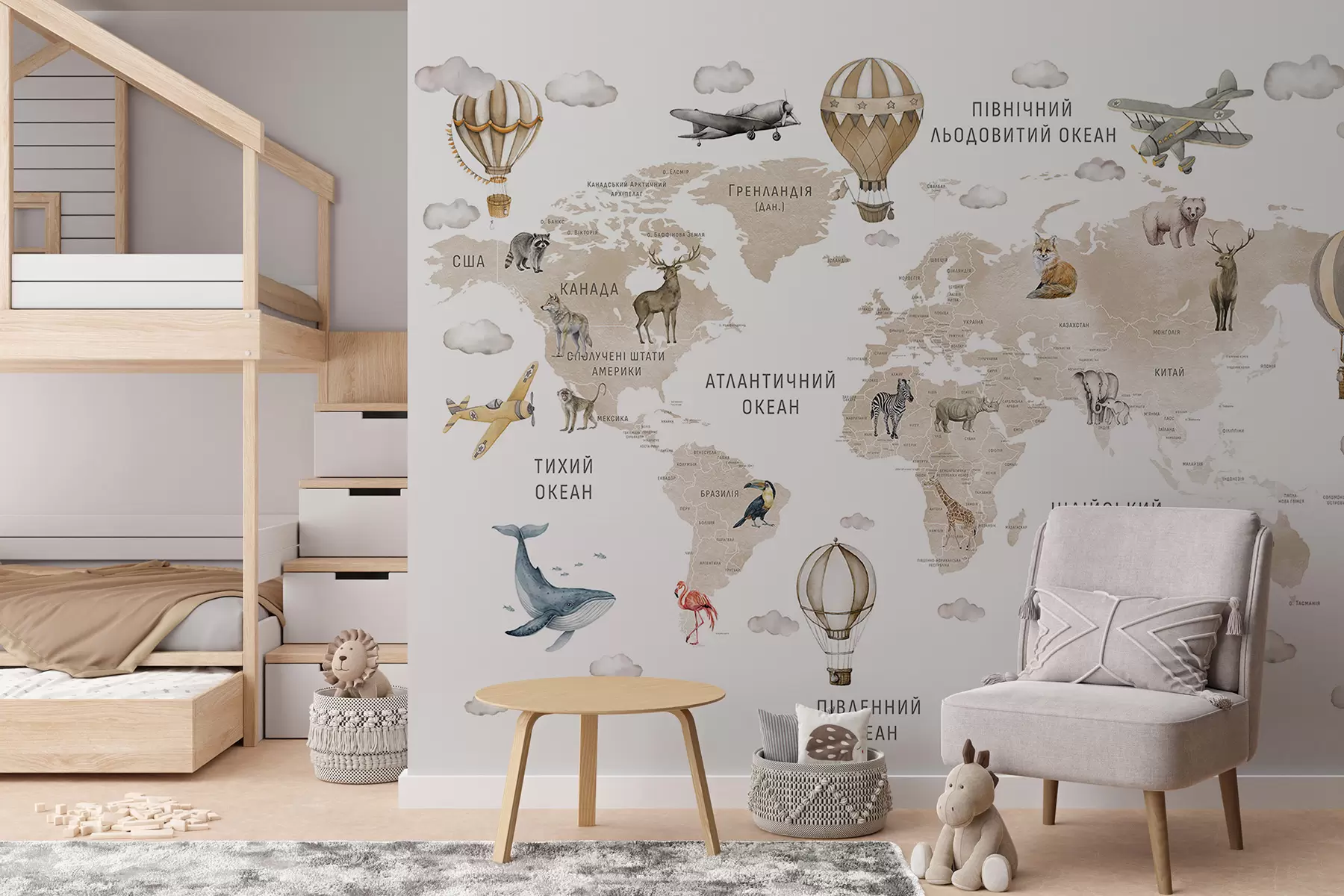 wall murals Watercolor-style map for children with animals and hot air balloons. Language: Ukrainian. Color: beige c00001ukv2