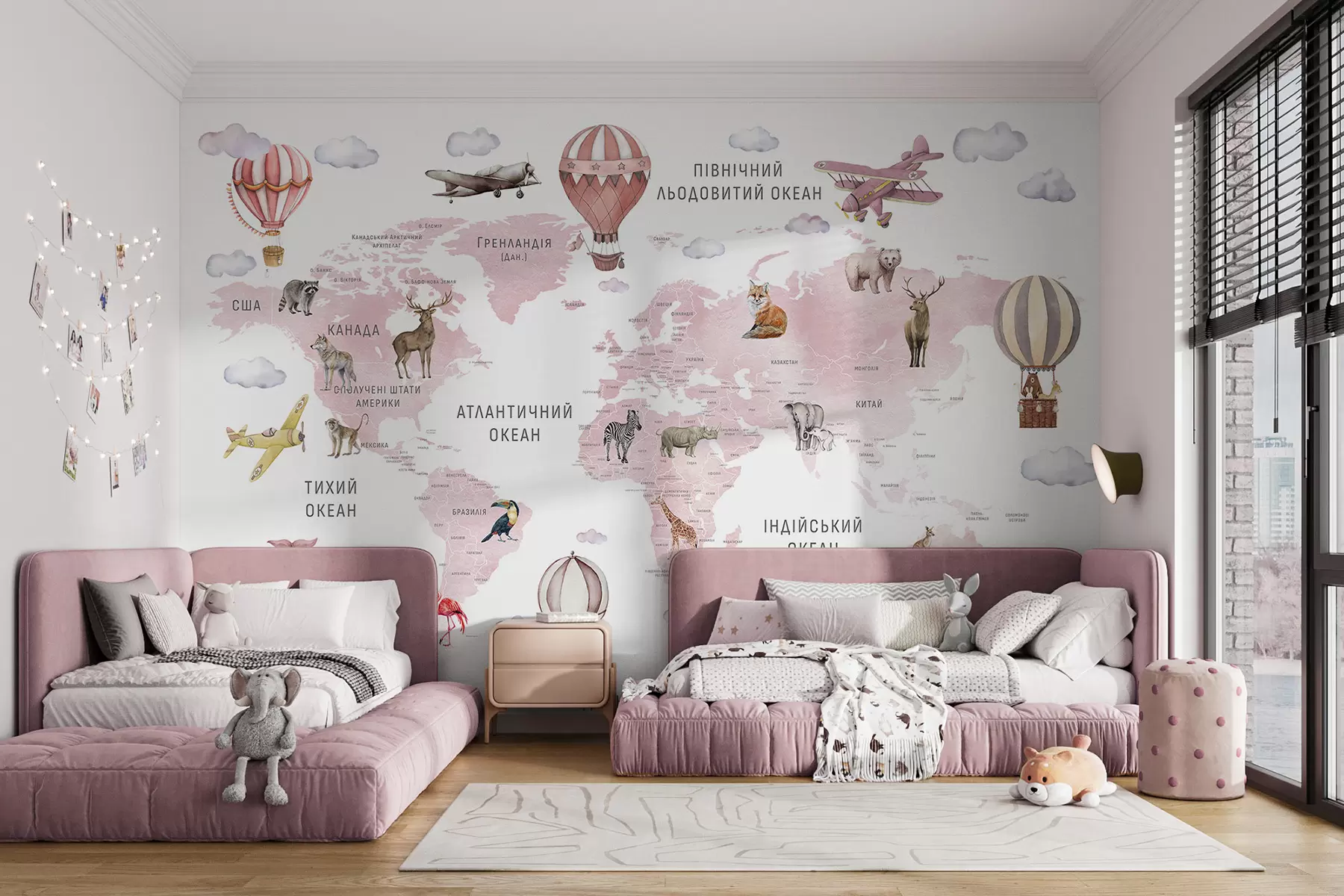 wall murals Children's map in watercolour style with animals and hot air balloons. Ukrainian language. Pink colour. c00001ukv3